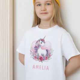 Magic Unicorn Watercolor Blommigt Heart Rosa T Shirt