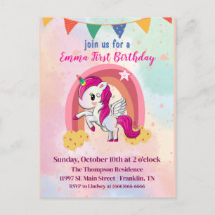 Magic Unicorns Rosa Watercolor 1:a födelsedagen Vykort