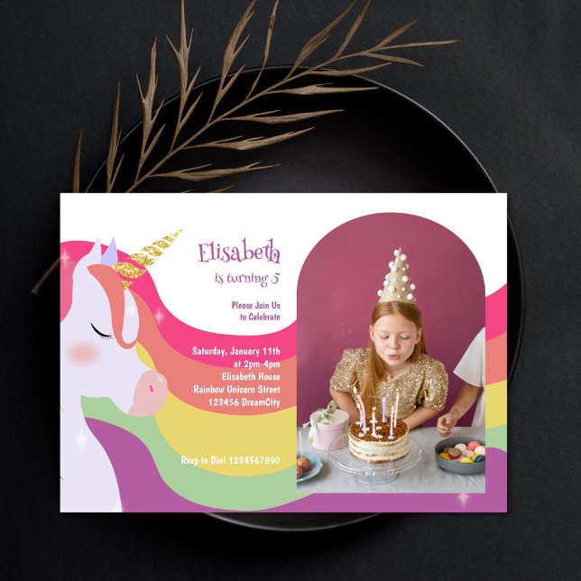 Magic Vibrant Rainbow Unicorn Birthday Photo Inbjudningar (Skapare uppladdad)