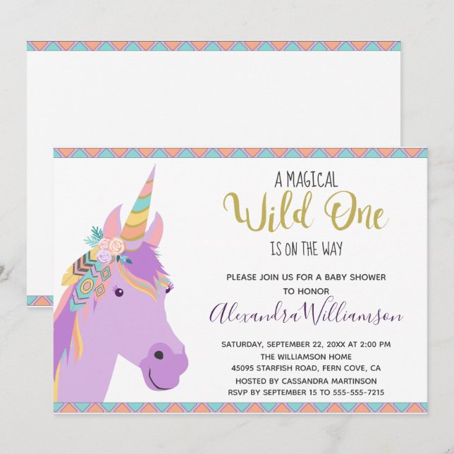 Magic Vild One Unicorn Lila Guld Baby Shower Inbjudningar (Fram/baksida)