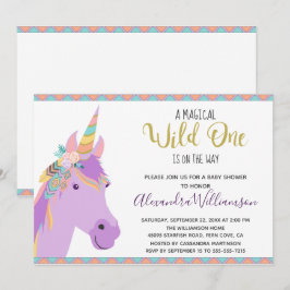 Magic Vild One Unicorn Lila Guld Baby Shower Inbjudningar