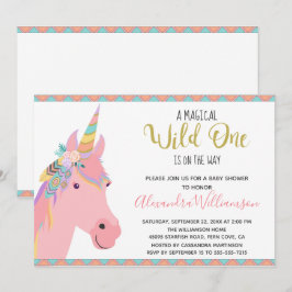 Magic Vild One Unicorn Rosa Guld Baby Shower Inbjudningar