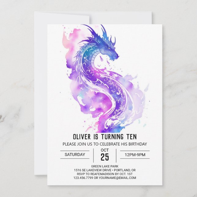 Magic Watercolor Dragon Birthday Inbjudningar (Framsida)