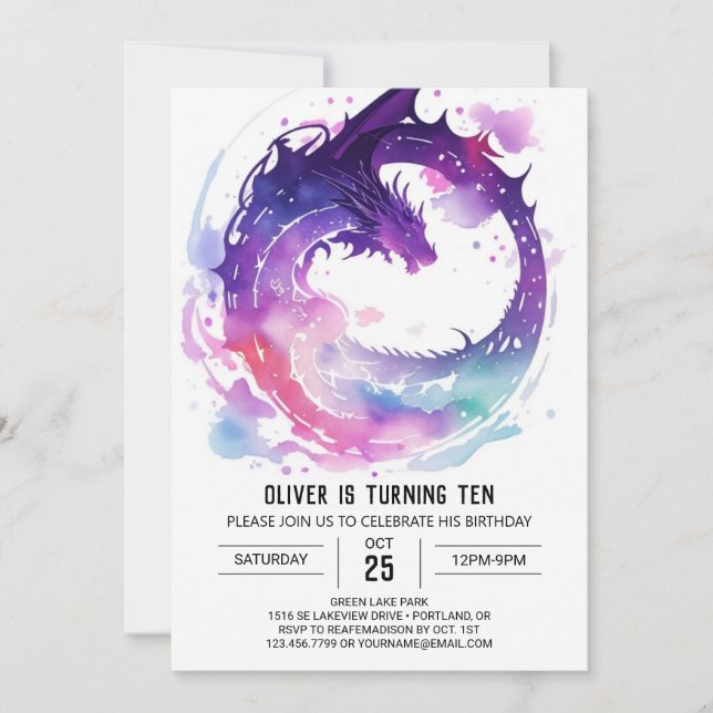 Magic Watercolor Dragon Birthday Inbjudningar (Framsida)