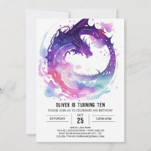 Magic Watercolor Dragon Birthday Inbjudningar