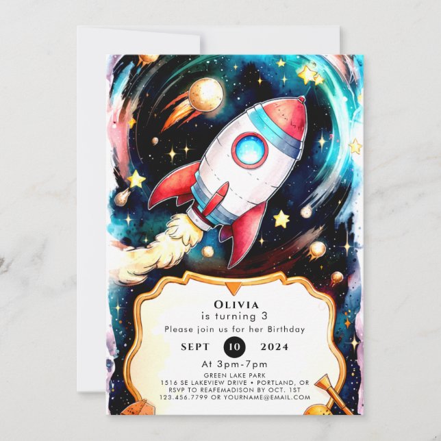 Magic Watercolor Rocket Birthday Inbjudningar (Framsida)