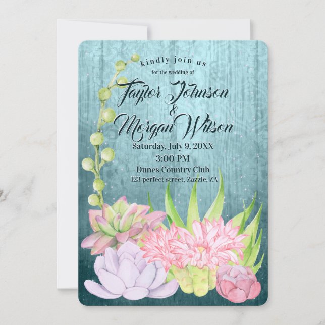 Magic Watercolor Succulents Teal Bröllop Inbjudningar (Framsida)