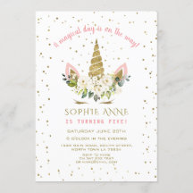 Magic White Blommigt Guld Unicorn Girl Birthday