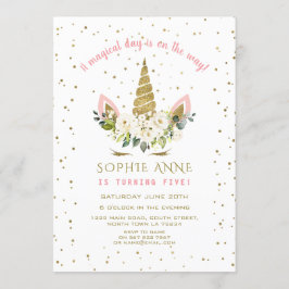 Magic White Blommigt Guld Unicorn Girl Birthday Inbjudningar