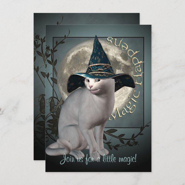 Magic White Cat Halloween-inbjudan Inbjudningar (Fram/baksida)