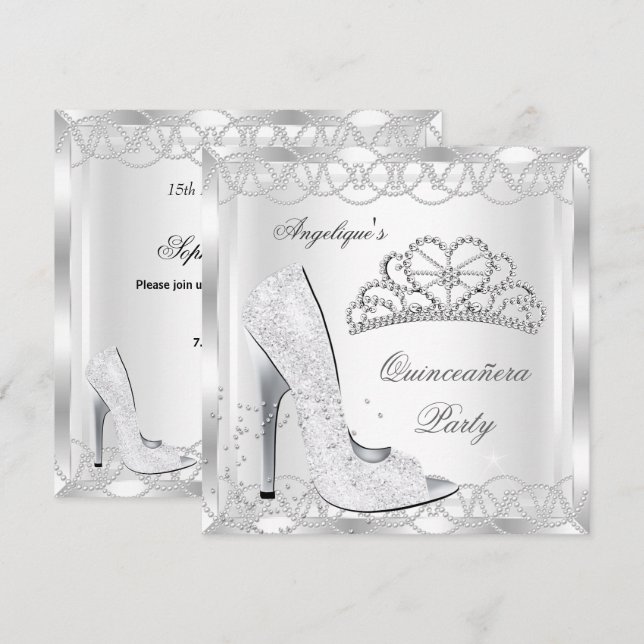 Magic White Silver Quinceanera High Heel Shoes Inbjudningar (Fram/baksida)