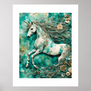 Magic White Unicorn Teal Background Poster