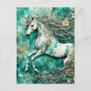 Magic White Unicorn Teal Background Vykort