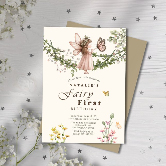 Magic WildblomButterfly Fairy First Birthday Inbjudningar (Magical Wildflower Butterfly Fairy First Birthday Invitation)