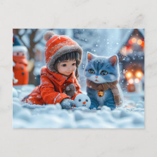 Magic Winter Day med Girl and Cat Helg Vykort