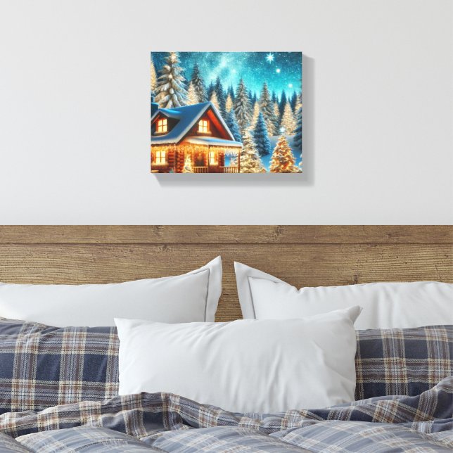Magic Winter Wonderland Cabin - Snowy Night Glow Canvastryck (Insitu (sovrum))