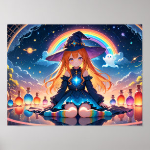Magic Witch Girl under Rainbow Arc Poster
