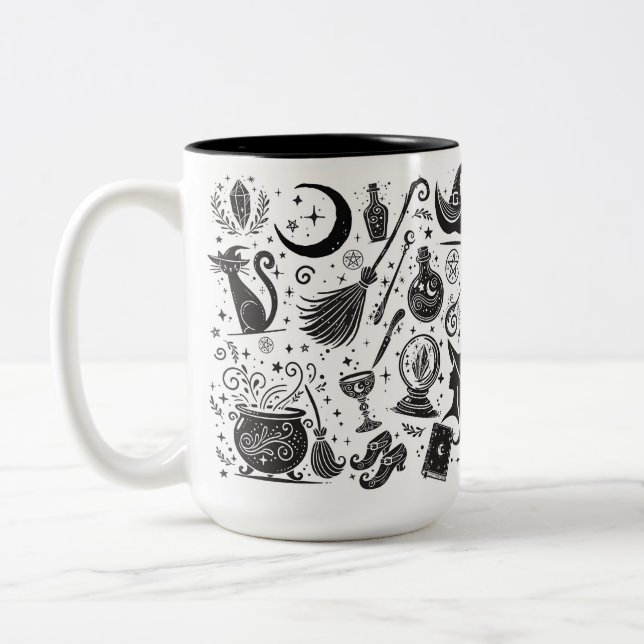 Magic Witch Whimsical Wiccan Pagan Black & White Två-Tonad Mugg (Vänster)
