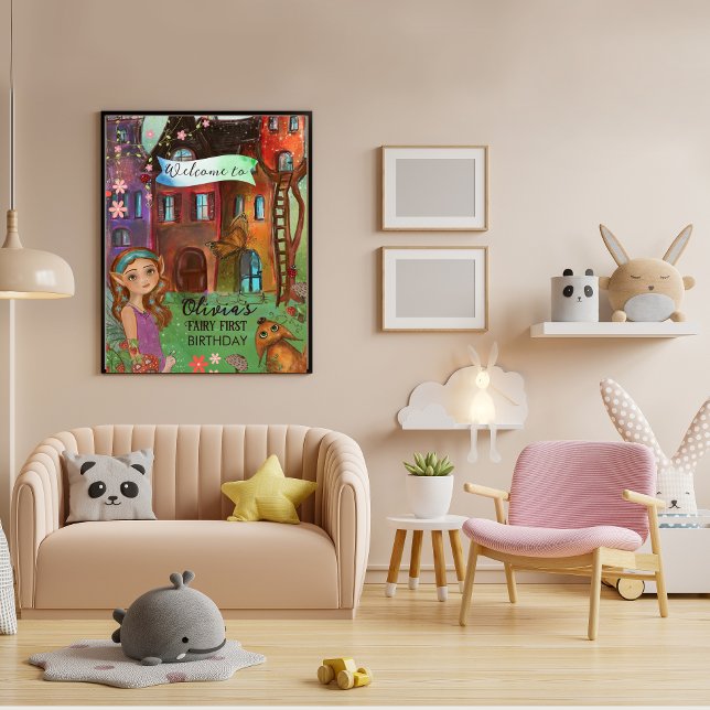 Magic Woodland Fairy 1:a födelsedag Välkomsthälsan Poster (Magical Woodland Fairy 1st Birthday Welcome Poster)