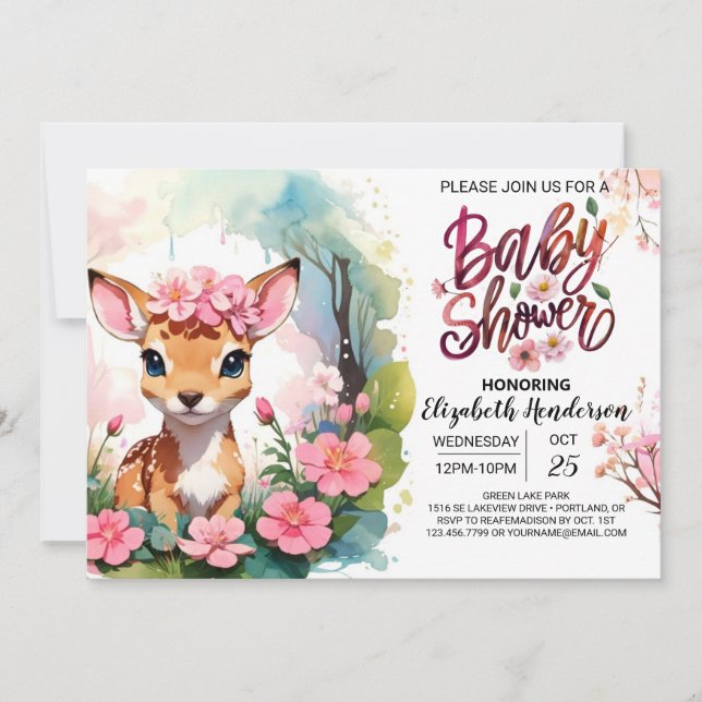 Magic Woodland Fawn Rosa Girl Baby Shower Inbjudningar (Framsida)