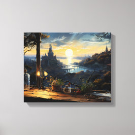 Magic Workshop Bench Overlook a Fantasy Bay Canvastryck