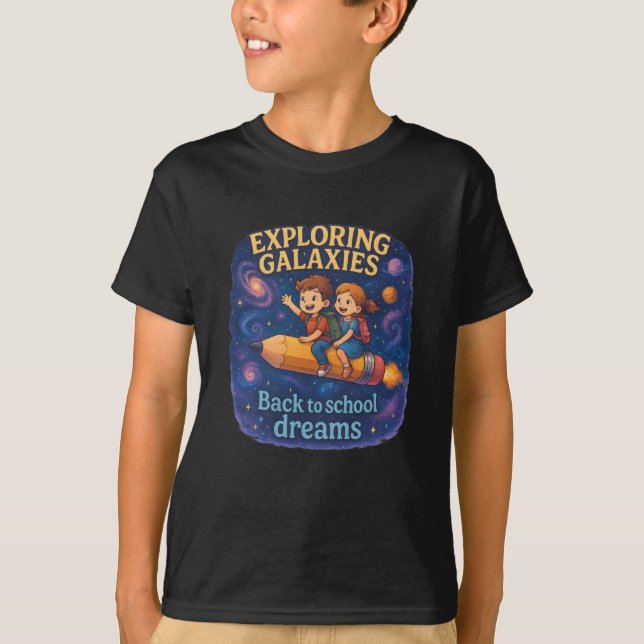 Magical back-to-school children, riding on  pencil t shirt (Framsida)