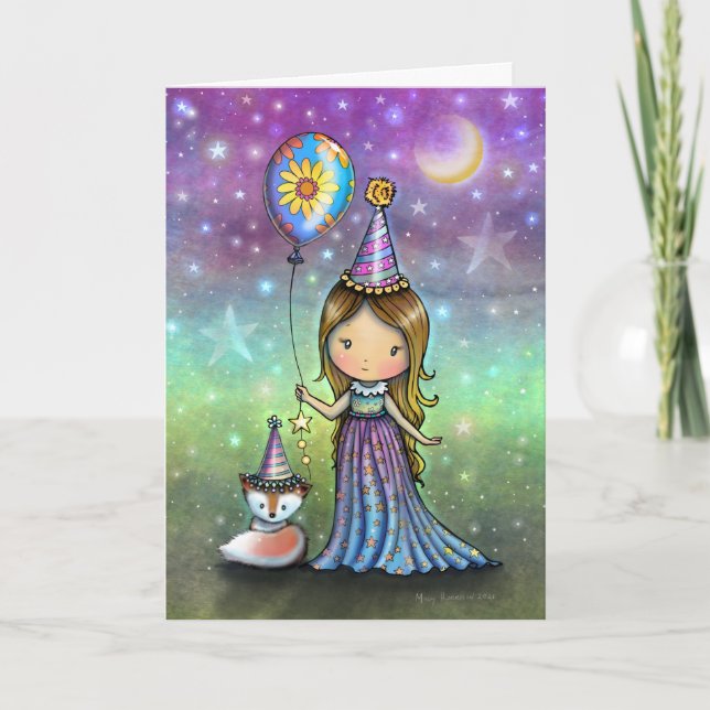 Magical Birthday Little Girl Balloon and Fox Kort (Framsida)