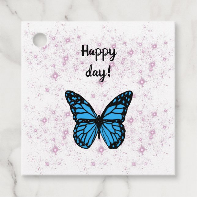 Magical blue butterfly pink glitter art gåvor etiketter (Framsida)