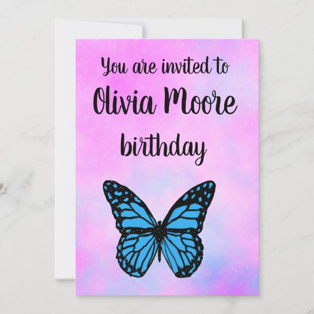 Magical blue butterfly pink glitter art  inbjudningar (Framsida)