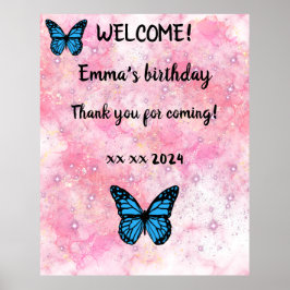 Magical blue butterfly pink glitter art poster