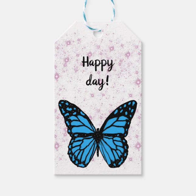 Magical blue butterfly pink glitter art presentetikett (Framsidan)