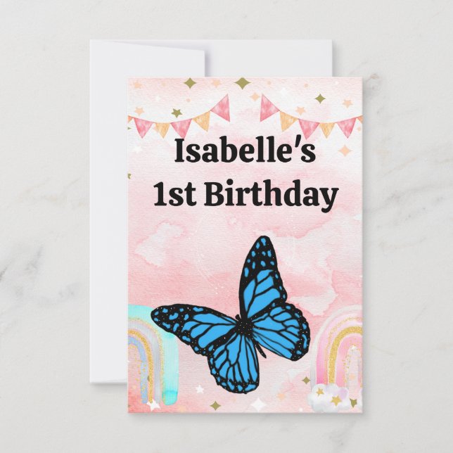 Magical blue butterfly pink glitter art tack kort (Framsida)