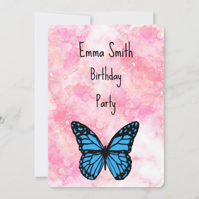 Magical blue butterfly pink glitter art tack kort (Framsida)