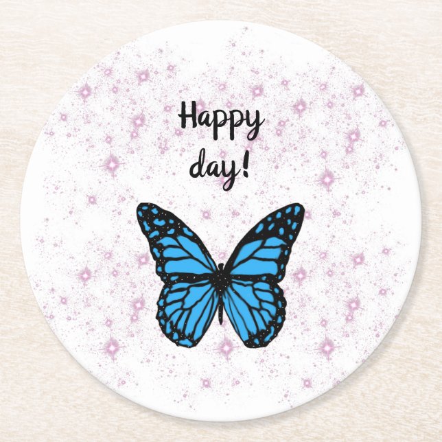Magical blue butterfly pink glitter art underlägg papper rund (Framsidan)