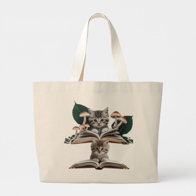 Magical Bookworm Kitten Tote Bag – Whimsical Cat  Jumbo Tygkasse (Baksida)