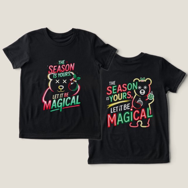 Magical Christmas Bear Girls Whimsical Neon Holida T Shirt (Design fram och bak)