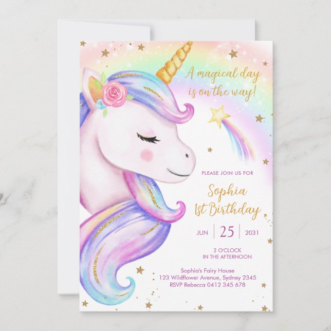 Magical Day Unicorn and Rainbows Birthday Inbjudningar (Framsida)