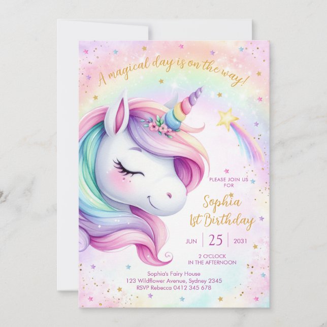 Magical Day Unicorn and Rainbows Birthday Inbjudningar (Framsida)