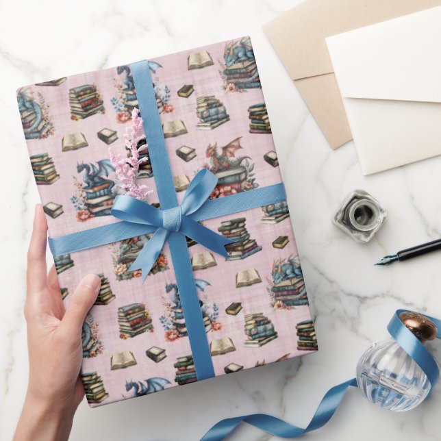 Magical Dragons & Books on Light Gray-Pink Presentpapper (Gifting)
