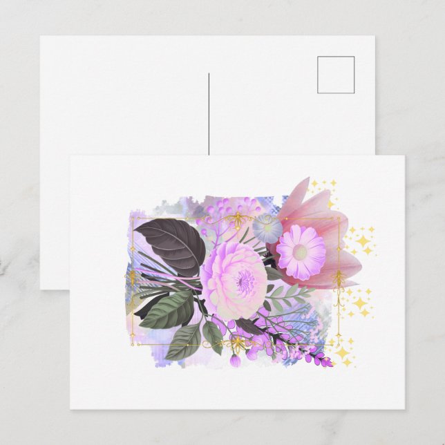 Magical Floral Bouquet in Golden Frame Vykort (Fram/baksida)