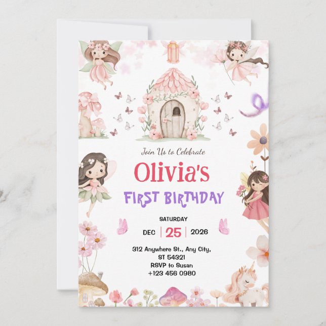 Magical Girls Fairy 1st Birthday Invitation Inbjudningar (Framsida)