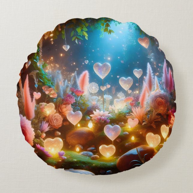 Magical Glowing Flowers Heart Garden  Rund Kudde (Framsidan)