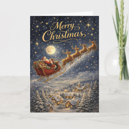 Magical Gold Santa Night Sky Merry Christmas Helgkort