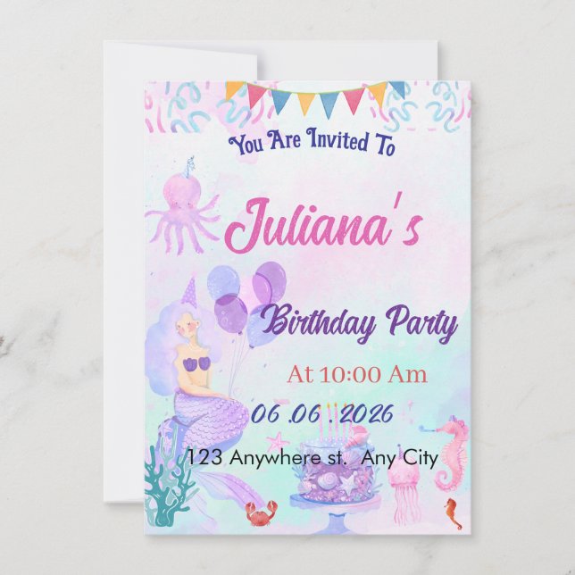 Magical  Mermaid Birthday Invitation Card Inbjudningar (Framsida)