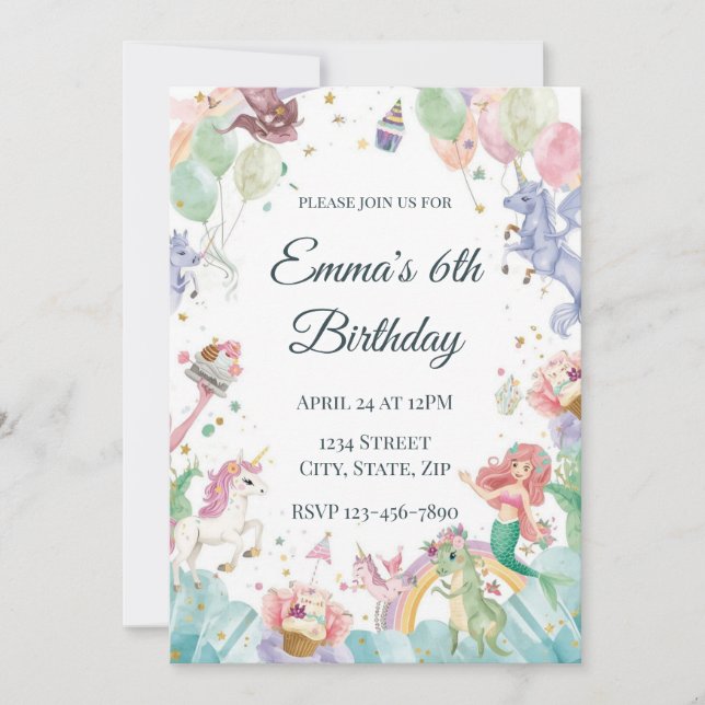 Magical Mermaids Unicorns Rainbows Kids Birthday Inbjudningar (Framsida)