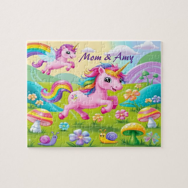Magical Mom & Baby Unicorn Mushroom Flower Meadows Pussel (Horisontell)