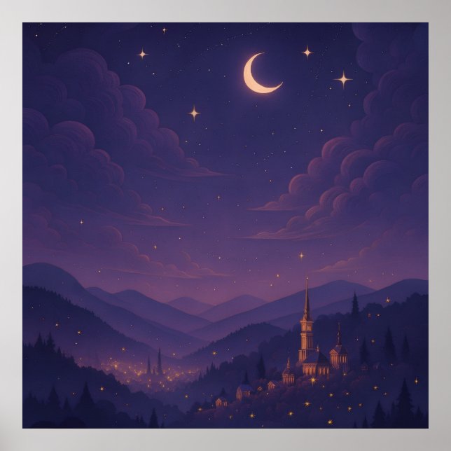Magical Moonlit Village Nightscape Poster (Framsidan)