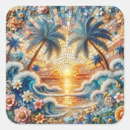 Magical Mosaic Tropical Ocean Sunset Fyrkantigt Klistermärke