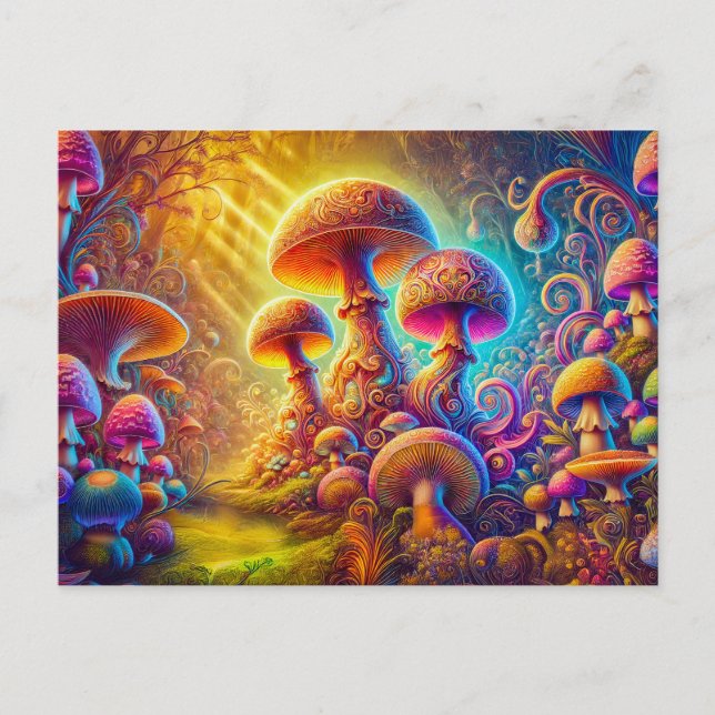 Magical Mushroom Glow Vibrant Psychedelic Landscap Vykort (Framsida)