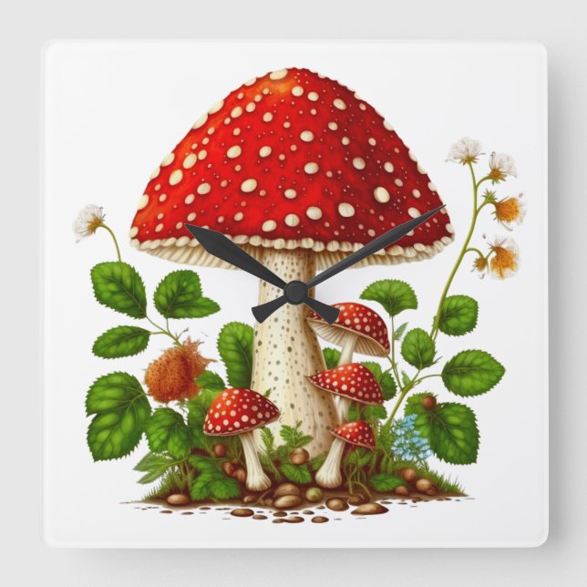 MAGICAL MUSHROOM Wall Clock, 27,3 cm Square Acryli Fyrkantig Klocka (Framsida)